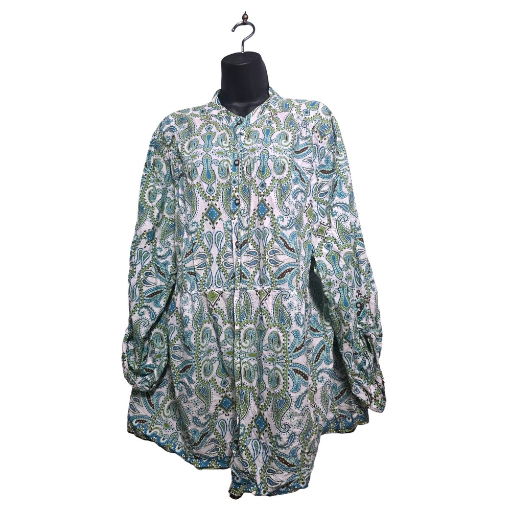 Charter Club Women 24W Paisley Cotton Button Up Tunic Shirt Blue Green White